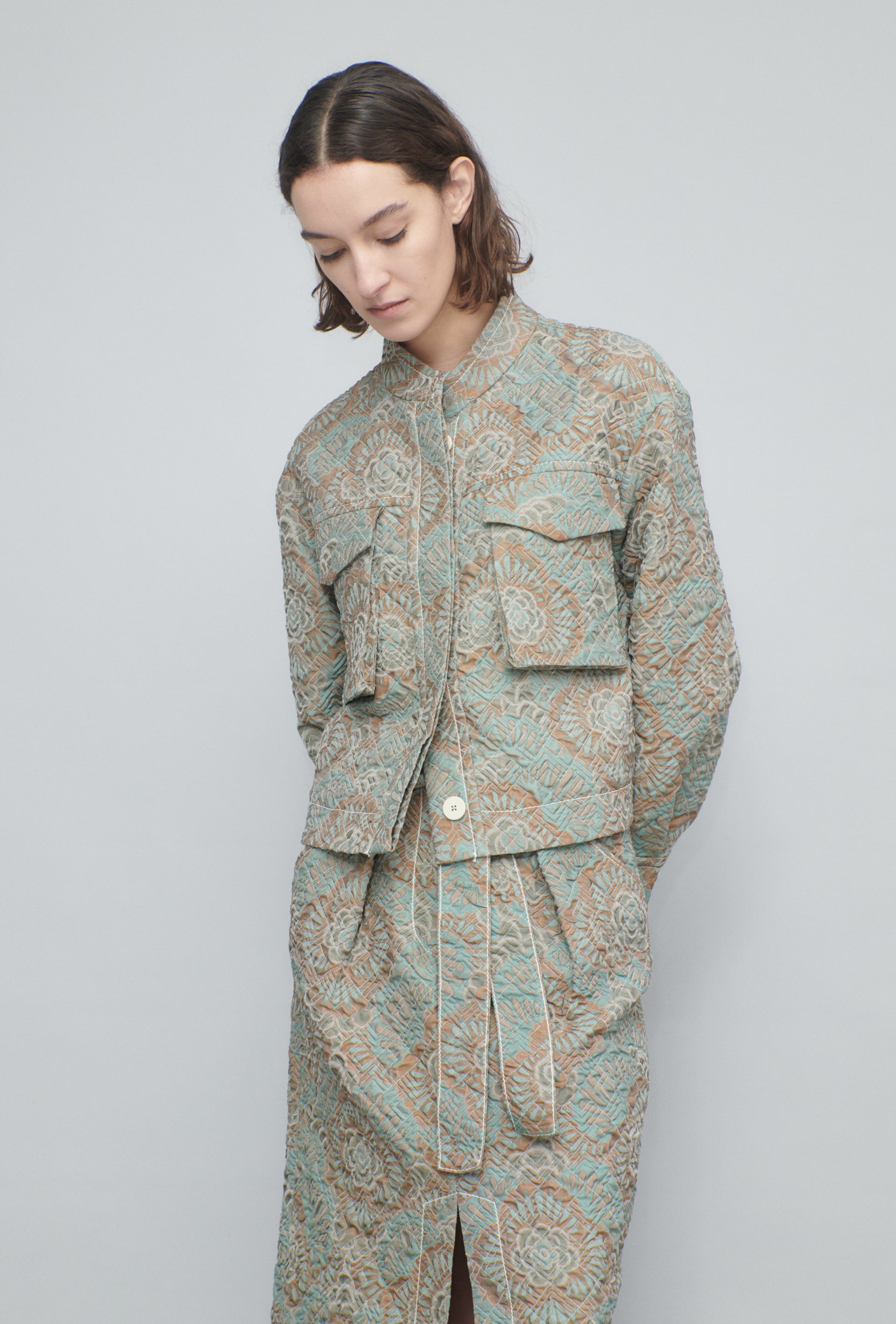 Flower Camouflage Matelassé Jacke, Sea Green – ODEEH