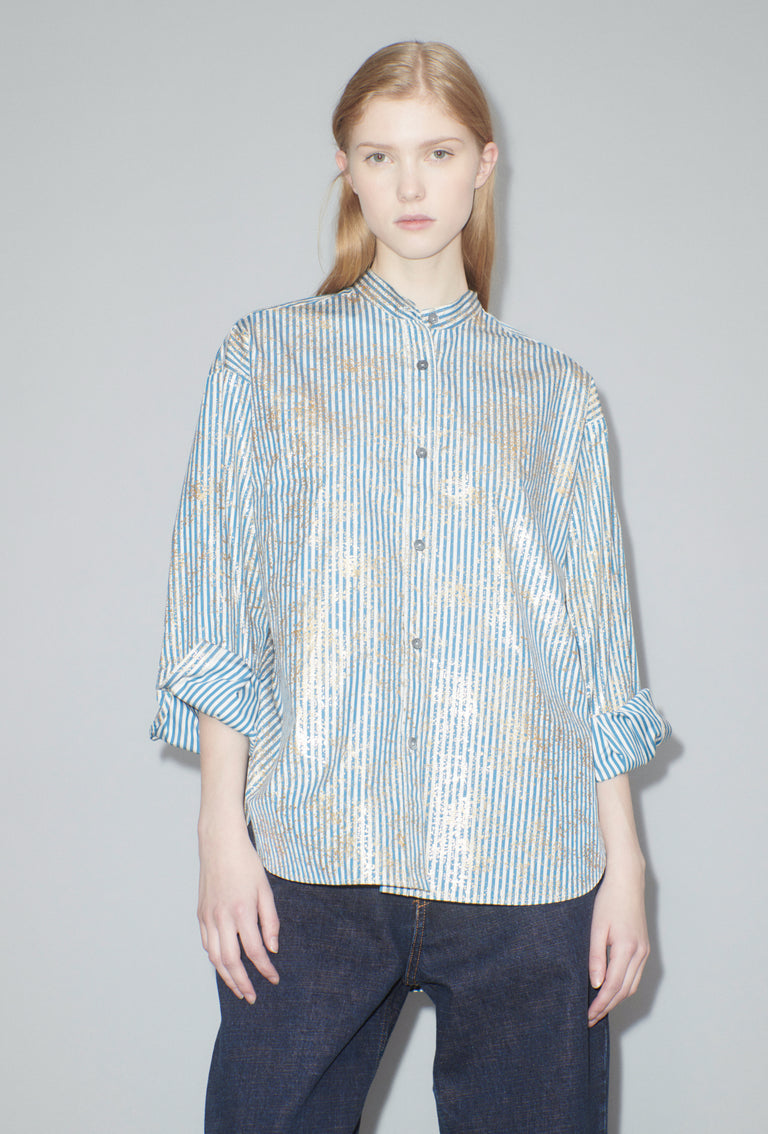 Odeeh Roman Stripe Gold Paint Bluse, Mountain Blue