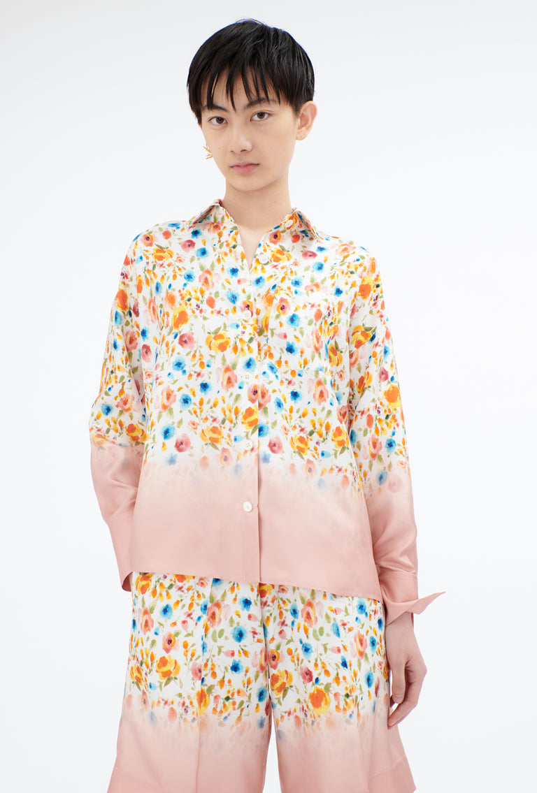 Odeeh Degradé Florets Silk Twill Bluse, Tangerine