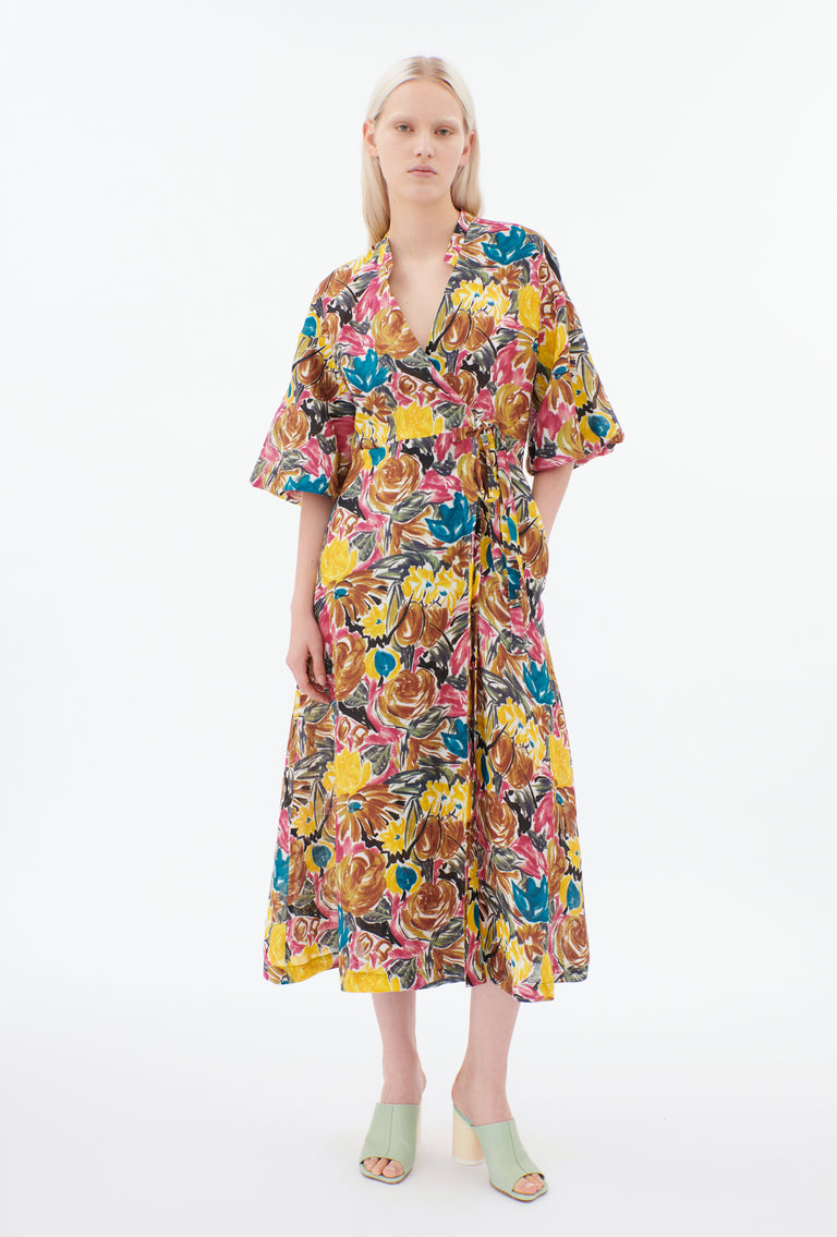 Odeeh Brush-Stroke Peonies Kleid, Tobacco