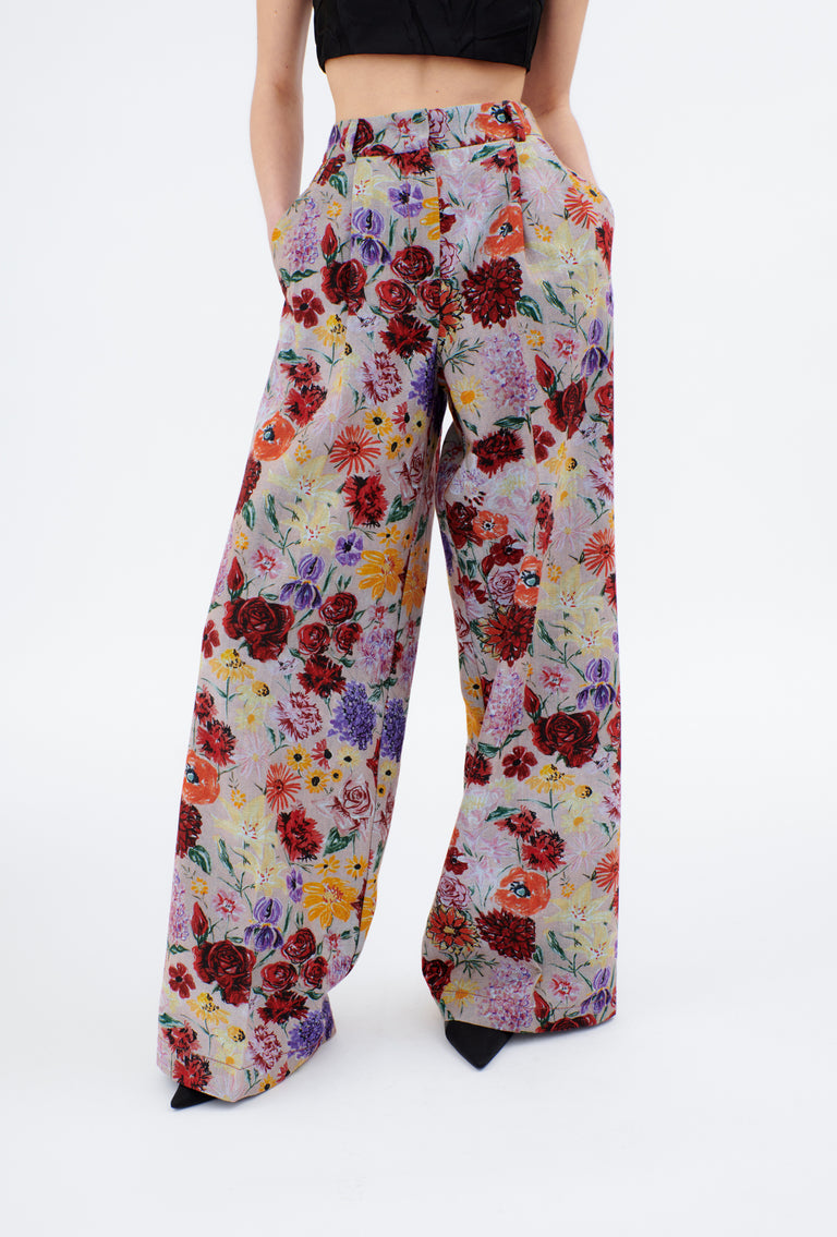 Odeeh Impressionist Flowers Cotton Denim Hose, Foggy Blue