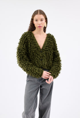 HEAVILY BRUSHED MOHAIR Cardigan, Olive from ODEEH 