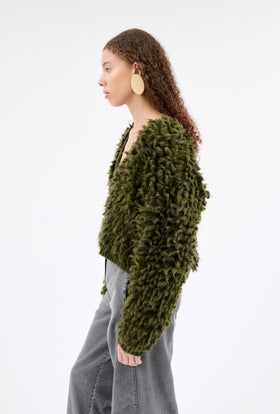HEAVILY BRUSHED MOHAIR Cardigan, Olive from ODEEH 