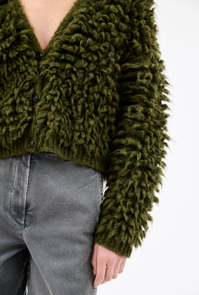 HEAVILY BRUSHED MOHAIR Cardigan, Olive from ODEEH 